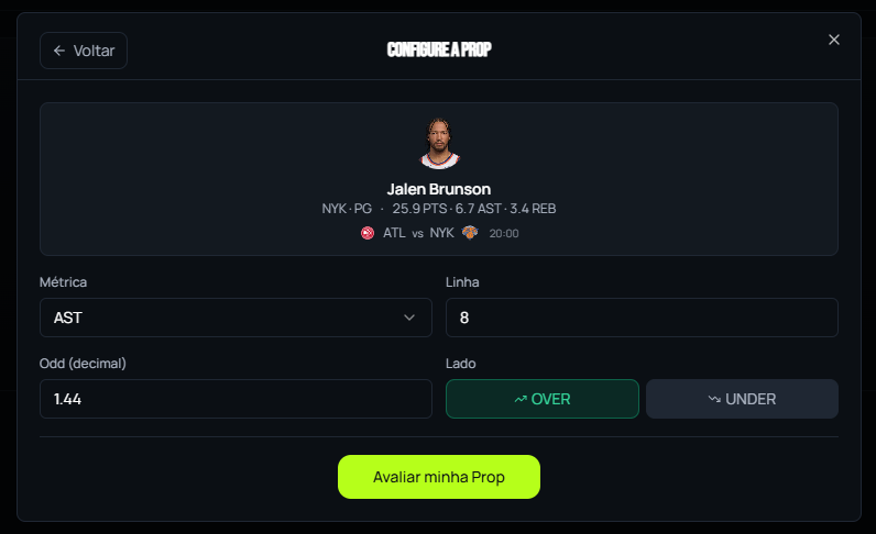 Avaliação de prop - seleção de jogador